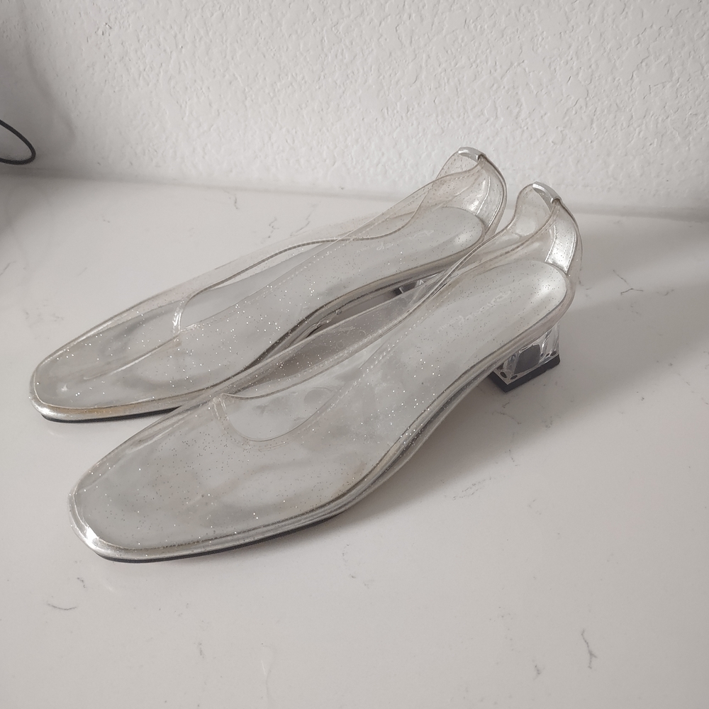 Disney Clear Glitter Slingback Block Heel - Silver